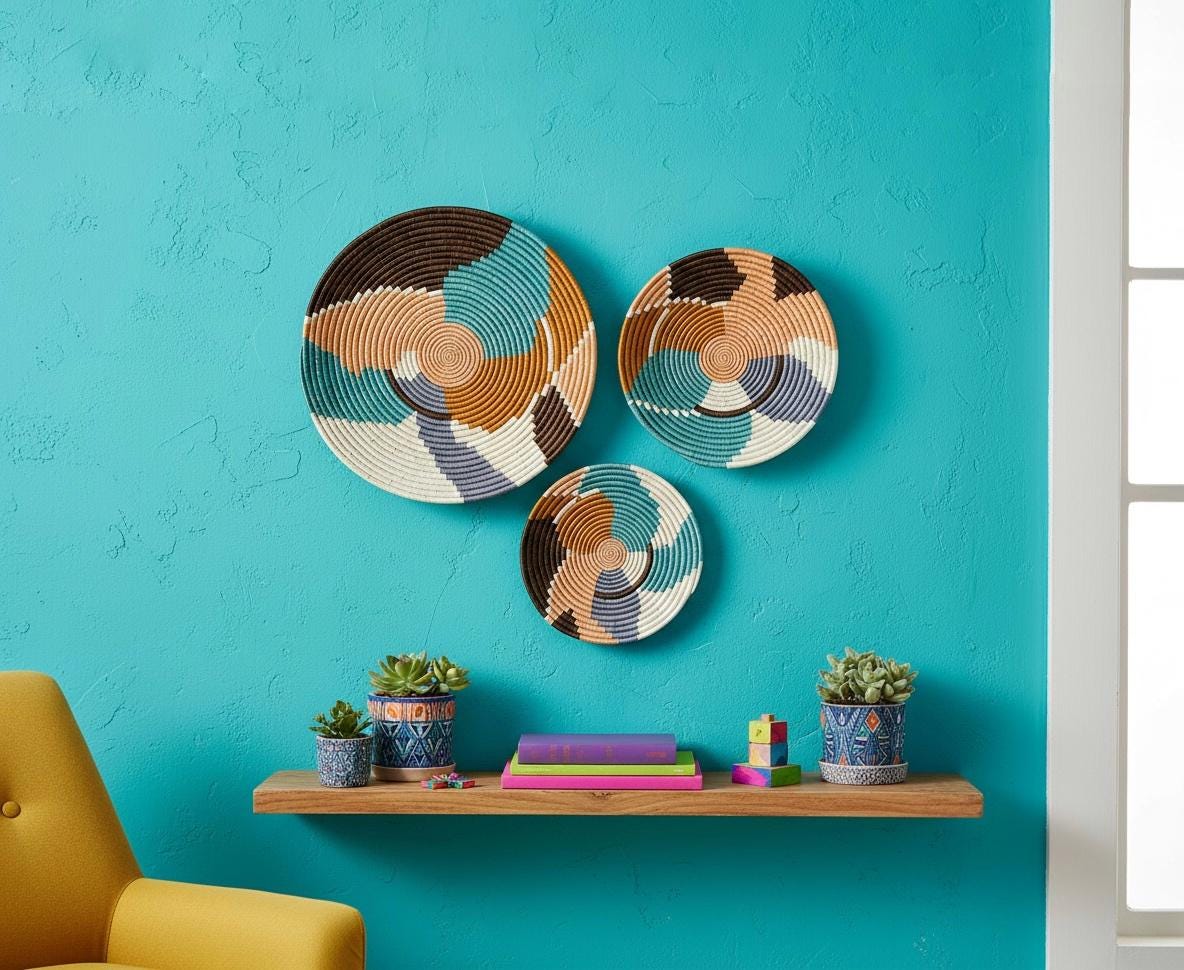 Woven Trivets Wall Decor Set of 3: Colorful African Wall Baskets - Flat Abstract Pattern