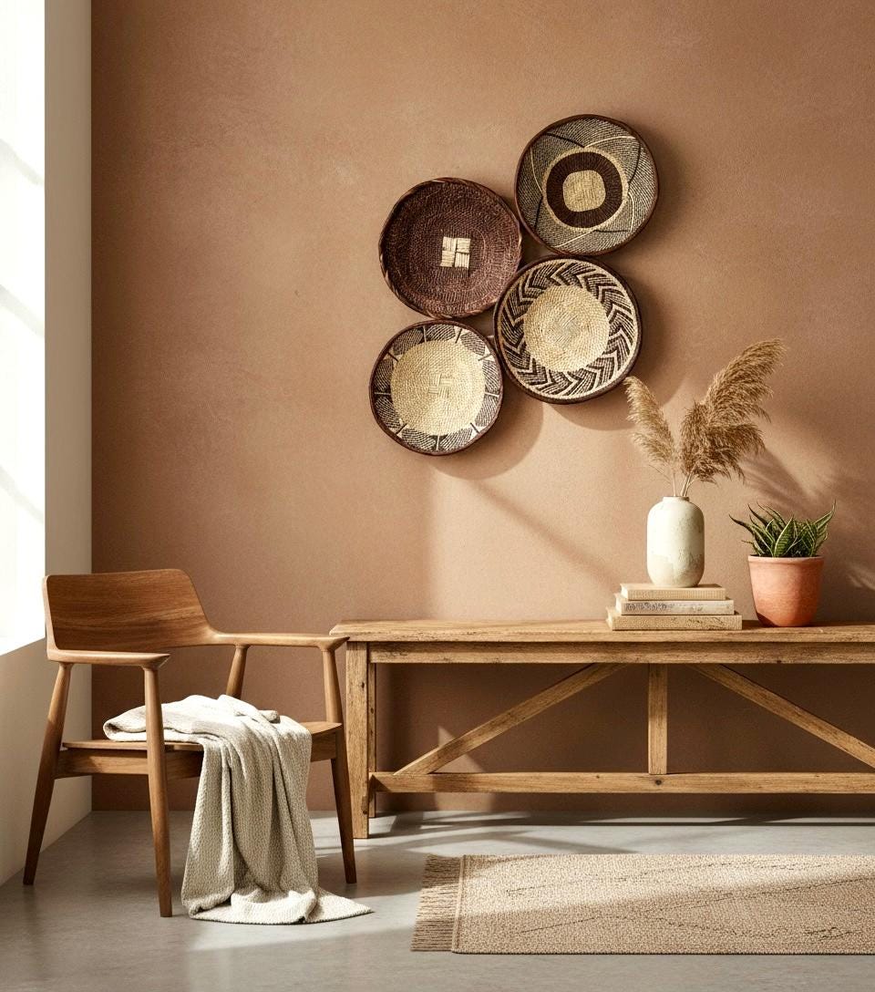 Set of 4 Rustic African Baskets for wall decor. Round Woven wall baskets, size 12 inch each