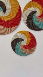 Woven Trivets Wall Decor Set of 3: Colorful African Wall Baskets - Flat Spiral Pattern