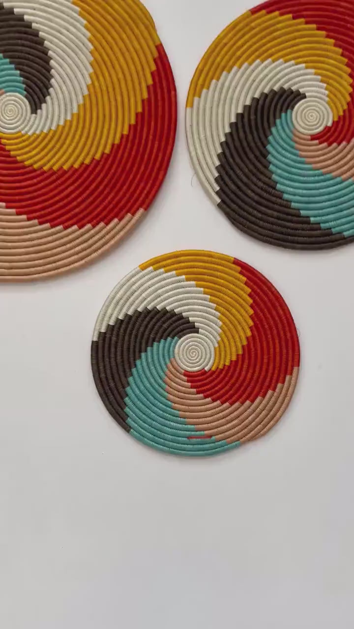 Woven Trivets Wall Decor Set of 3: Colorful African Wall Baskets - Flat Spiral Pattern